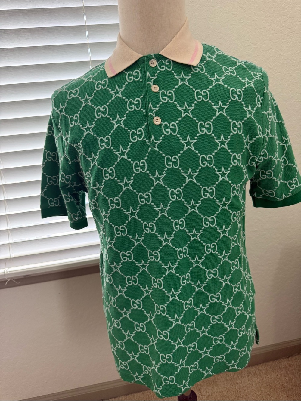 Gucci Green GG Star Jacquard Polo with Cream Collar and Pink Trim